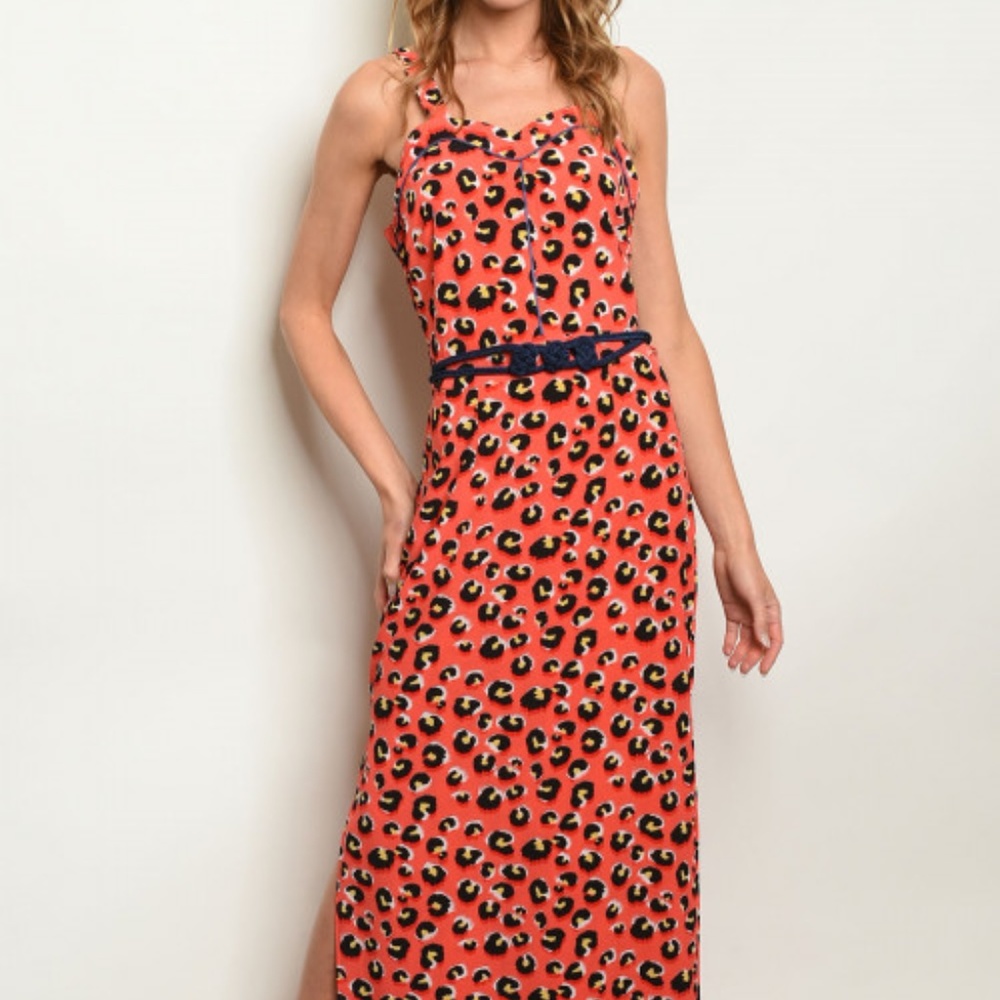 Coral Open Back Animal Print Maxi Dress